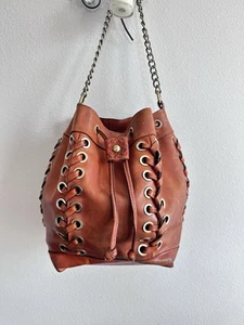 Patricia Nash Leather Bucket Bag Burnt Orange Lace-Up Boho Chain Strap Purse - Picture 1 of 9