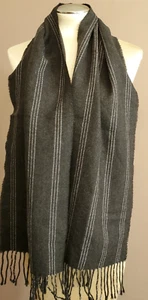 H & M Mens Opera Scarf Black Gray Heathered Pinstripe Fringe Wool 12x60" Italy - Picture 1 of 9