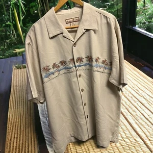 Paradise Blue Silk Short Sleeve Button Up Hawaiian Beach Embroidered Palm Trees - Picture 1 of 6