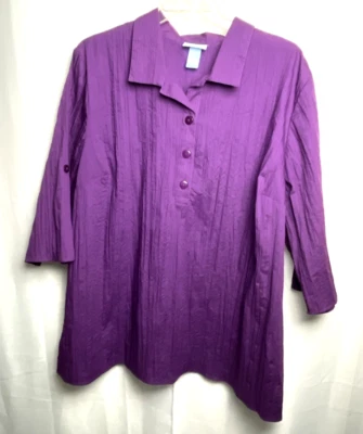 Liz & Me Women's Crinkle 1/4 Button Roll Tab Sleeve Top Size 3X Purple B*H - Image 1 of 4