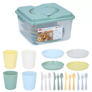 21Pcs Plastic Plates Cups Cutlery Set Picnic BBQ Camping Storage Box Handle - Picture 1 of 8