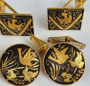Vintage Damascene Bird and Dragon Gold Toned Cuff Links Lot of 2 sets