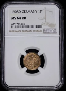 1908-D Germany 1p Pfennig NGC MS 64 RB - Picture 1 of 4