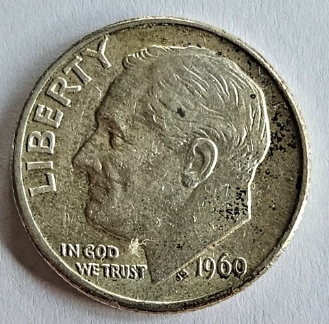 U.S.A. 1960 Roosevelt Silver Dime, 90% Pure Silver, VG Condition, Km #195 Cover