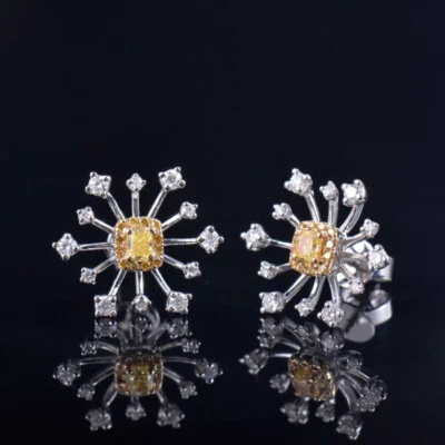 Estate Natural Yellow Diamond Bridal Women Earrings Snowflake Stud 14K Gold Gift - Image 1 of 4