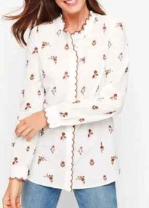 TALBOTS Cotton White Embroidered Floral Brown Scallop Trim Button Up Top SMALL - Picture 1 of 11