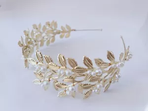 Women Light Gold Color boho Leaf Pearl Elf Party Hair Headband Crown Tiara Hoop - Picture 1 of 12