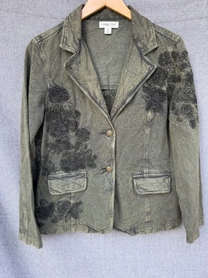 Куртка на двух пуговицах Coldwater Creek оливково-зеленая с вышивкой джинсовая размер 14 карманов - Изображение 1 из 4