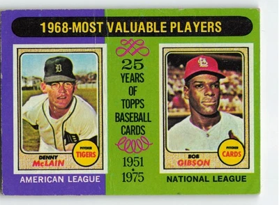 1975 Topps #206 1968 MVPs (Denny McLain / Bob Gibson) MVP, UER -! **Set Break** - Imagem 1 de 2
