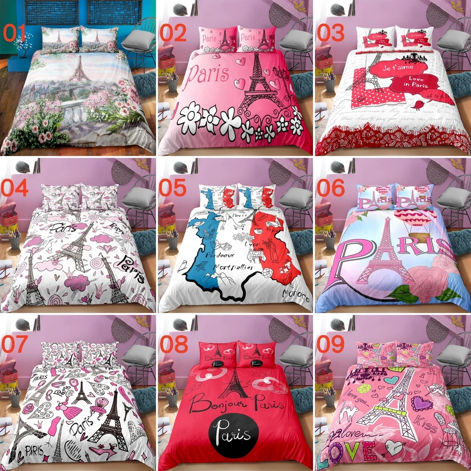 Ensemble housse de couette taie d'oreiller pour lit simple double king super king tour Eiffel - Photo 1/4