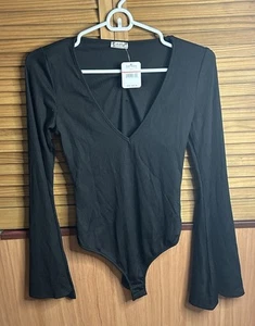 Intimately Free People Black Long Sleeve V-Neck Bodysuit Thong Size XS Ribbed - Picture 1 of 5