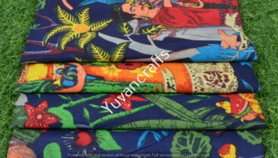 Indian Handmade Hand Block Frida Kahlo Printed Cotton 5 Yard Fabric Natural Blue - Image 1 of 3