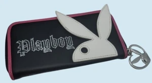 Playboy Black & Pink Zip-Around Wallet With Bunny Logo & Heart Charm Rhinestone - Picture 1 of 7