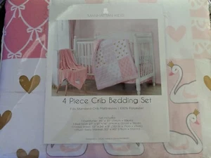 4 Piece Set Swan Gold Heart's Bow's Crib Bedding Set Pink Manhattan Kids - Picture 1 of 5