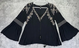 INC Peasant Beaded Embroidered Black Top Bell Long Sleeves Boho Artsy Small - Picture 1 of 9