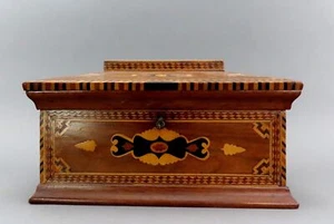 c1860s Rare Marquetry Inlay Sailor's Box Ditty Box Sewing Box w Interior Tray - Picture 1 of 9