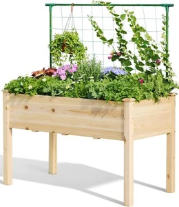 New- Raised Garden Bed with Trellis Elevated Wood Planter Box Stand for - Picture 1 of 6