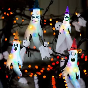 4Pcs Halloween Ghosts & Witch Hats Windsocks Hanging Ghosts Lights Garden Decor - Picture 1 of 12