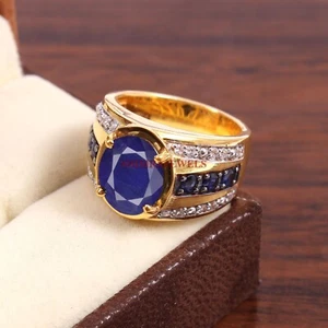 Heizbar Blau Saphir Edelstein Mit 18K Vergoldet Ring für Herren #355 - Bild 1 von 9