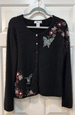 Cárdigan Suéter PRESTON & YORK Lana Angora Talla M Bordado Cuentas Floral Foto 1 de 4