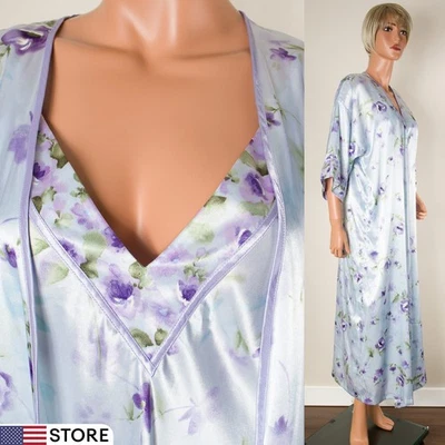 💖 VTG CALIFORNIA DYNASTY Blue Floral M Long Nightgown & Robe Set Satin "Flaw" - Image 1 of 4