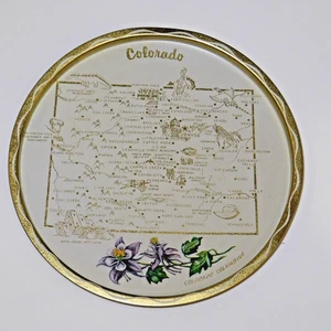 Bandeja redonda de metal de 11" con borde de oro blanco mapa de recuerdo COLORADO de colección de los años 50 - Imagen 1 de 7
