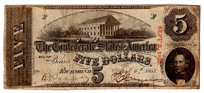 $5 Confederate Currency 1863 T-60 Fine Capitol Richmond * AvenueCoin - Image 1 of 2
