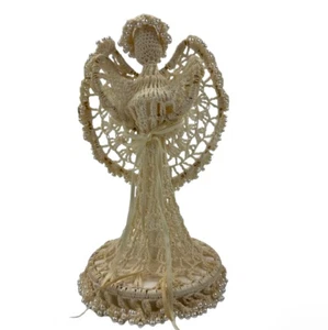 Statuina angelo pizzo uncinetto vintage crema perle perline decorazione natalizia - Foto 1 di 12