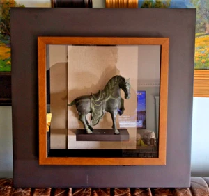 Vintage Bronze Chinese Tang Dynasty Horse Statue, Shadow Box Framed 21.5" framed - Picture 1 of 10
