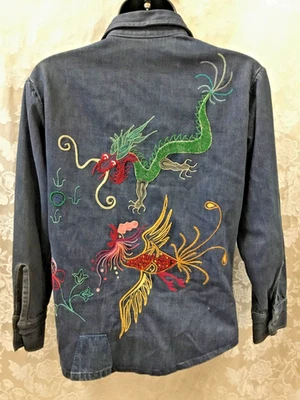 60-х годов вручную сшитый дракон рыбы цветок вышивка джинсовой ткани хиппи куртка S винтажный  - Изображение 1 из 4