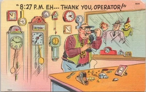 Humor Comic Postkarte Uhrmacher ruft Telefonist zur richtigen Zeit 1953 - Bild 1 von 2