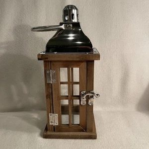Rustic Wooden Lantern W/ Silver Metal Roof And Handle - Picture 1 of 6