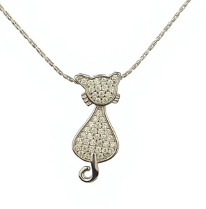 Massiver 925 Sterlingsilber funkelnder Katzenanhänger mit 20" Italien Box Kette, Pave Set - Bild 1 von 6