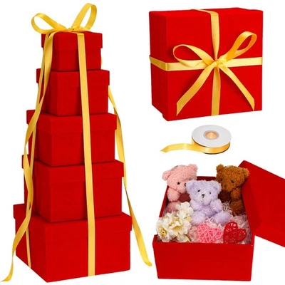 5 PCS Red Square Nesting Gift Boxes with Lids Ribbon 5 Different Sizes - Image 1 of 4