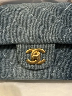 24S Blue Denim Quilted Rectangular Flap Mini Aged Gold Hardware - Image 1 of 4