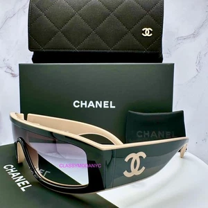 CHANEL Sunglasses New Black Shield Beige CC Wrap Authentic Gradient Chanel - Picture 1 of 17