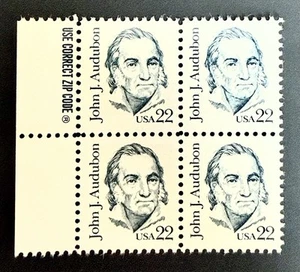 1985 22c JOHN J AUDUBON ZIP BLOCK OF 4 MNH MINT SCOTT 1863 - Picture 1 of 3