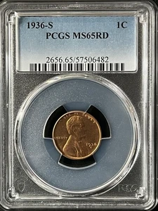1936-S 1C RD Lincoln Wheat One Cent PCGS MS65RD 57506482 - Bild 1 von 2