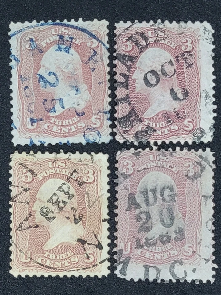 MS-44 US STAMP # 65, USED (x4) w/ CIRCULAR DATE CANCELLATIONS - Image 1 of 1