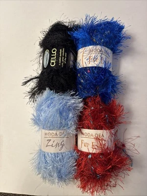 4 Skeins Moda Dea & Cello yarn ZING  Fur Ever - 1.76 oz each Blue Black Red - Image 1 of 4
