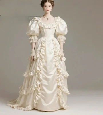 Vintage Victorian Wedding Dress 1980s Puff Sleeve Soft Satin Bustle Era Rococo - Image 1 of 4