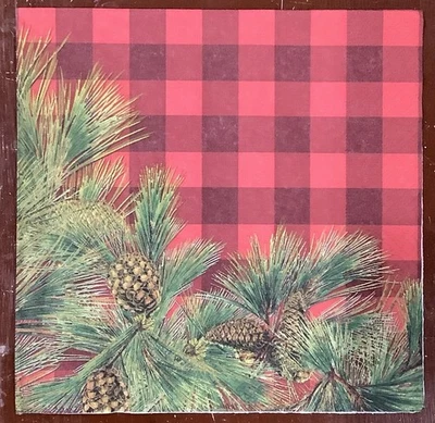 TWO Christmas Red Plaid Buffalo Pinecones Pine Holly Paper Napkins Decoupage - Image 1 of 2