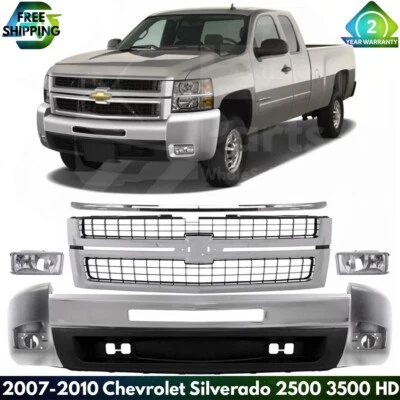 Front Bumper & Grille Chrome Kit For 2007-2010 Chevrolet Silverado 2500 3500 HD - Imagem 1 de 4
