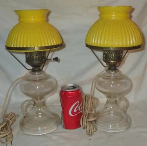 ANTIQUE PAIR GLASS FINGER OIL LAMP w/ YELLOW RIBBED ART GLASS SHADE ELECTRIC TOP - Picture 1 of 14