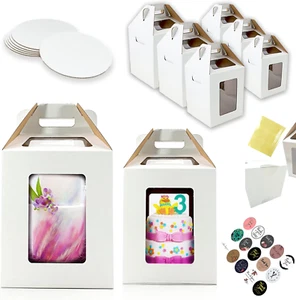 6 Pack Tri-Handle Tall Cake Boxes with Windows in 2 Sizes 10X10X12 & 12X12X14 + - Picture 1 of 7