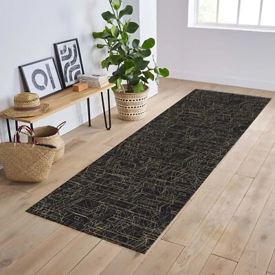 Black Gold Runner, Luxury Runner Rug, Modern Hallway Rug, Elegant Floor Mat - Image 1 of 4