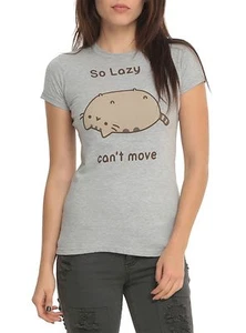 Pusheen The Cat SO LAZY CAN'T MOVE Girls Junior T-Shirt Grey NWT XS-2XL - Picture 1 of 1