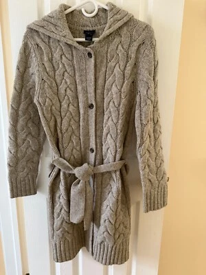 GANT Women's Long Belted Cable Knit Cardigan Sweater in Gray, Size Small - Image 1 of 4