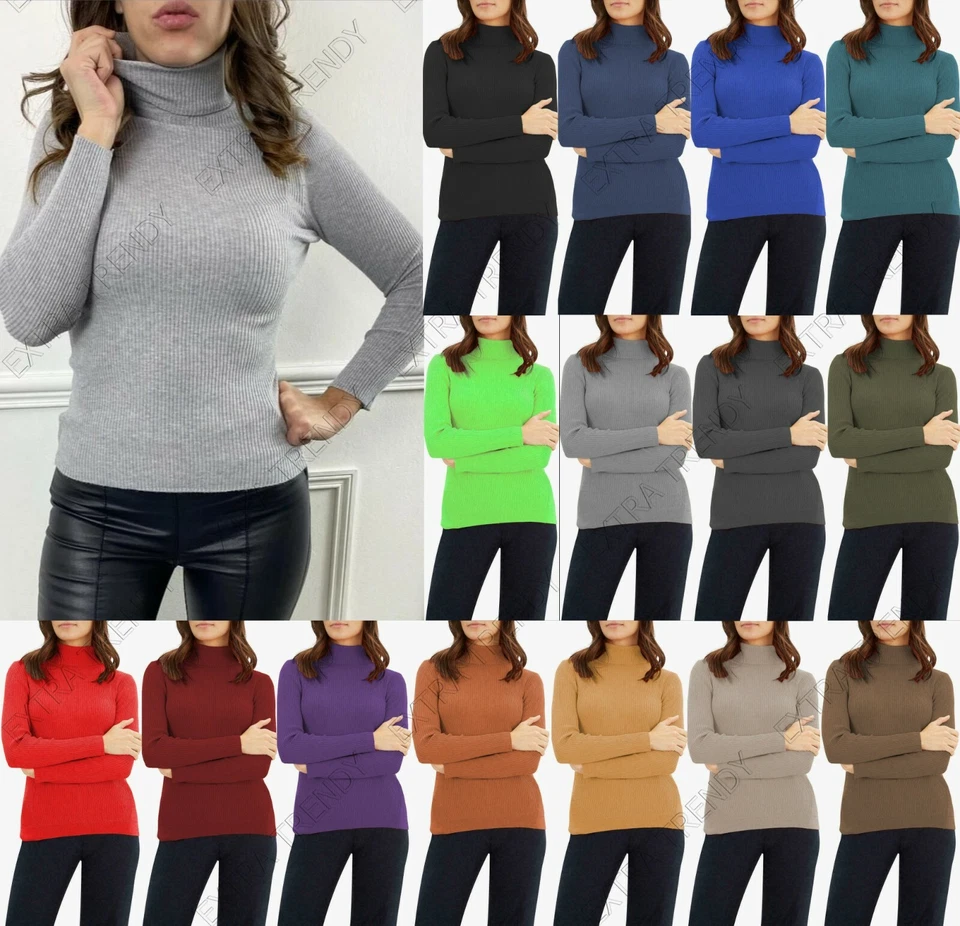 Womens Ladies High Polo Turtle Roll Neck Stretch Ribbed Slim Basic Top Plus Size - Image 1 of 1