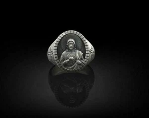 Savior Jesus 2Ct Solid Metal Mens Ring 14K White Gold Plated Silver Free Pendant - Picture 1 of 6